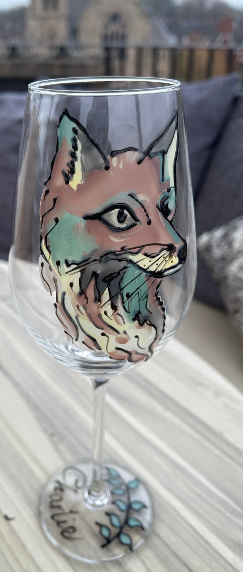 Personalised Hand painted fox wine glass