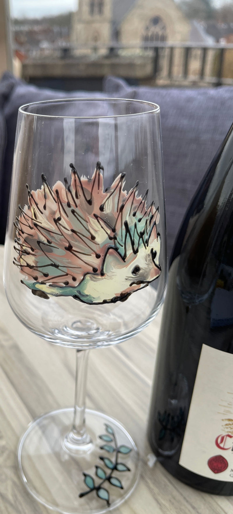 Hand painted hedgehog wine glass
