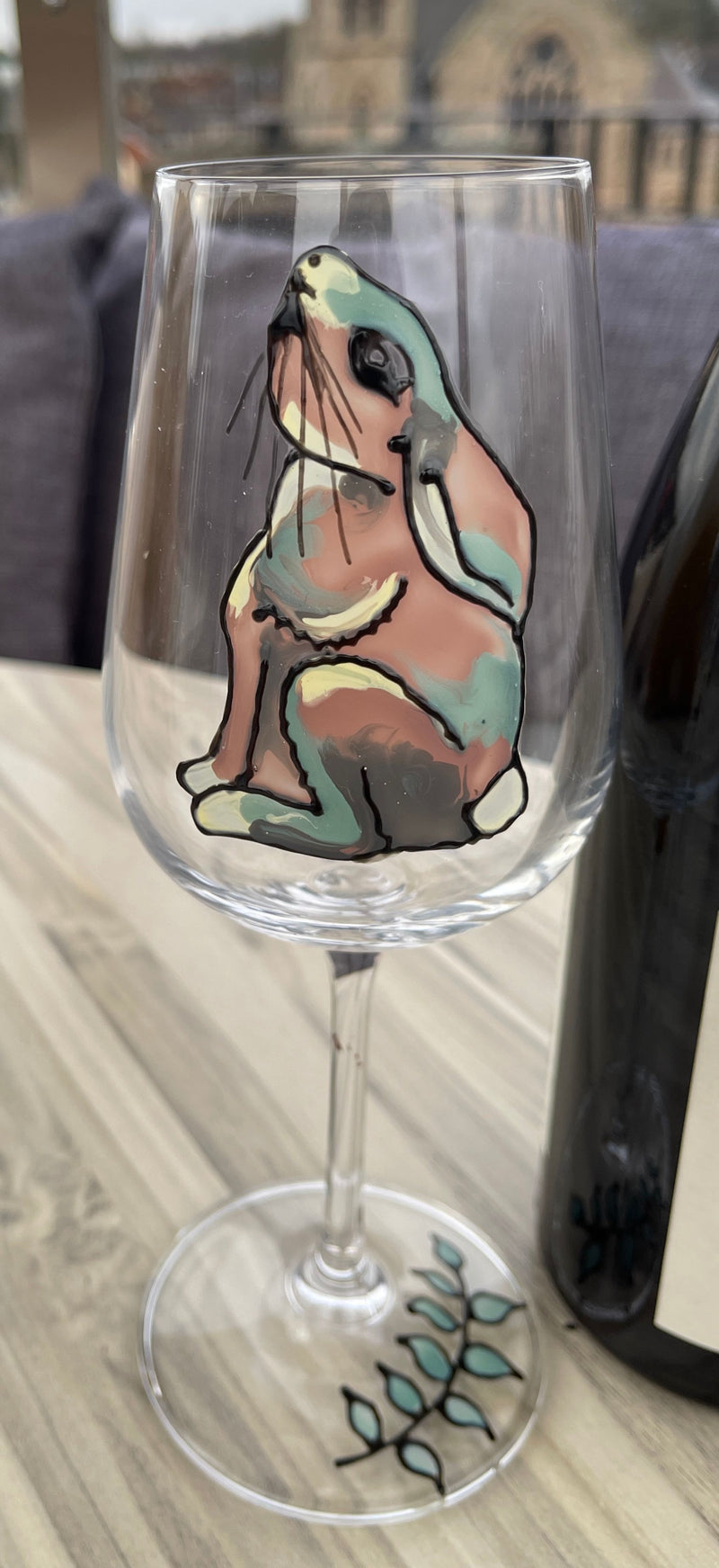 Hand painted moon gazing hare wine glass