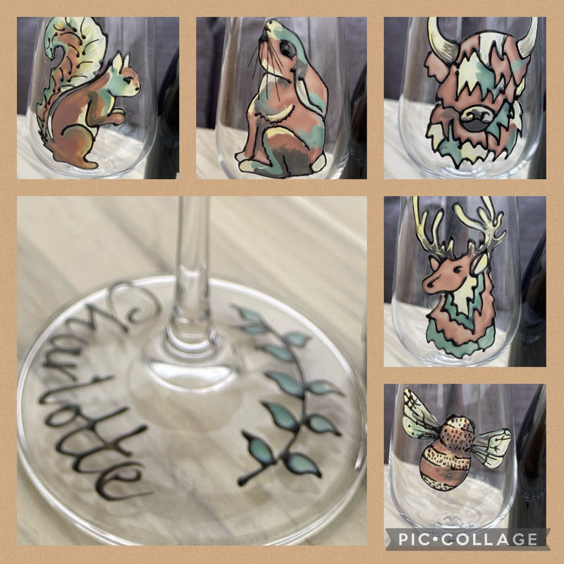 Personalised Hand painted moon gazing hare wine glass