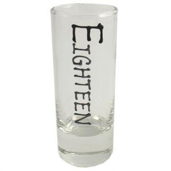 18th Birthday Tall Shot Glass: (Black/Silver)