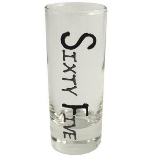 65th Birthday Tall Shot Glass: (Black/Silver)