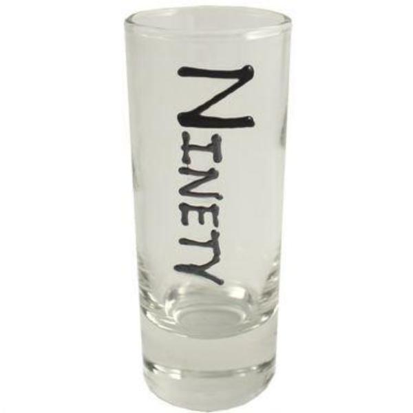 90th Birthday Tall Shot Glass: (Black/Silver)