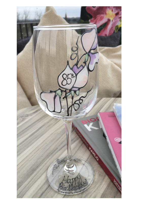 85th Birthday Gift Wine Glass: (Sweet Pea)