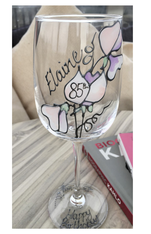 85th Birthday Gift Wine Glass: (Sweet Pea)