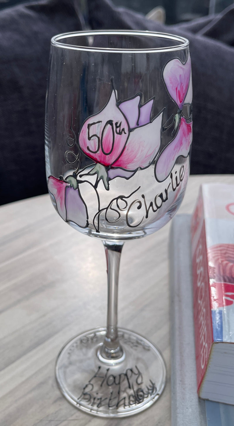 Personalised 50th Birthday Wine Glass: (Sweet Pea)
