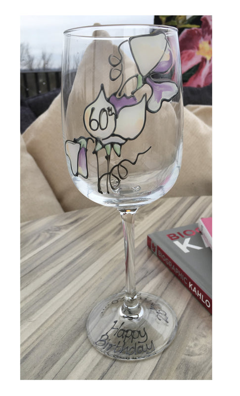 60th Birthday Gift Wine Glass: (Sweet Pea)