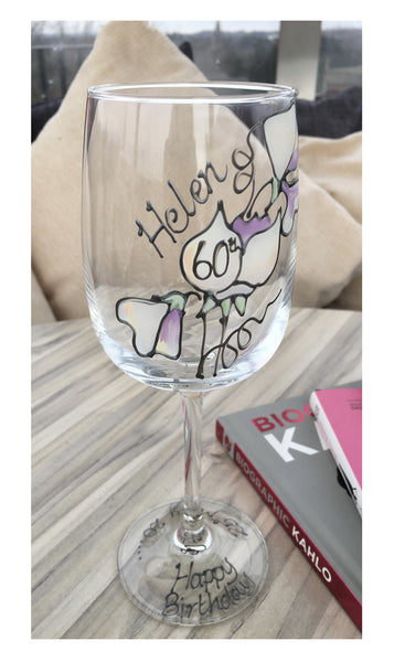 60th Birthday Gift Wine Glass: (Sweet Pea)