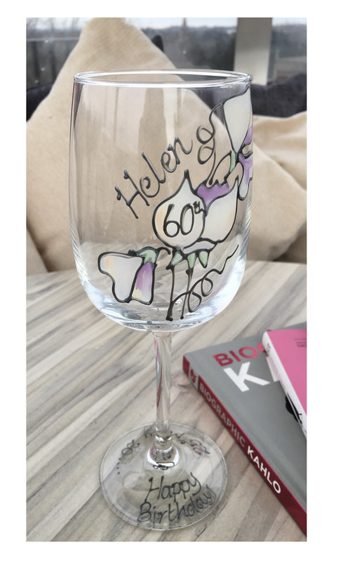 60th Birthday Gift Wine Glass: (Sweet Pea)