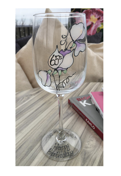 65th Birthday Gift Wine Glass: (Sweet Pea)
