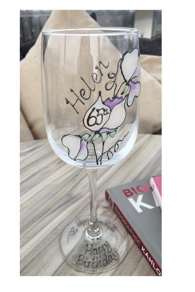 65th Birthday Gift Wine Glass: (Sweet Pea)