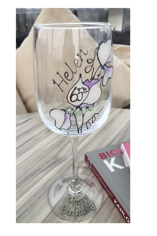 65th Birthday Gift Wine Glass: (Sweet Pea)