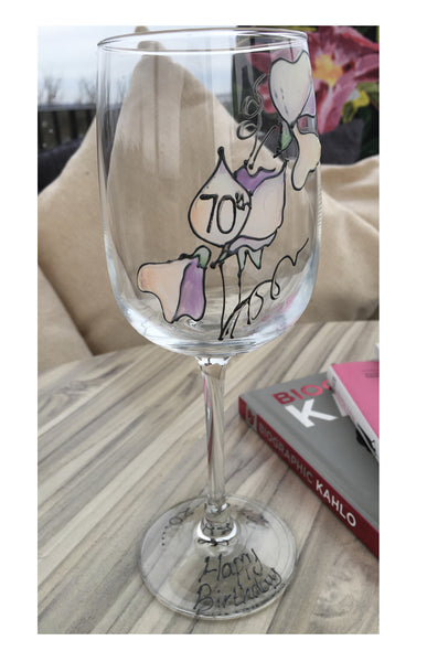 70th Birthday Gift Wine Glass: (Sweet Pea)