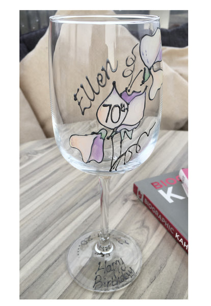 70th Birthday Gift Wine Glass: (Sweet Pea)