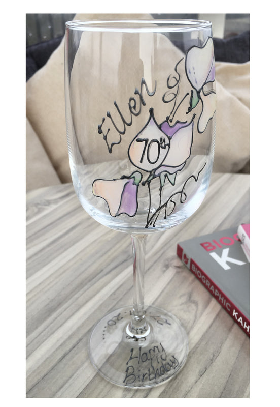 70th Birthday Gift Wine Glass: (Sweet Pea)