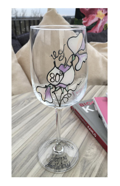 80th Birthday Gift Wine Glass: (Sweet Pea):