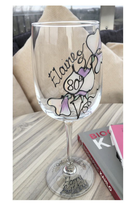 80th Birthday Gift Wine Glass: (Sweet Pea):