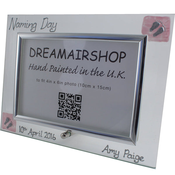 Naming Day Gift Photo Frame: Landscape (Pink Feet)