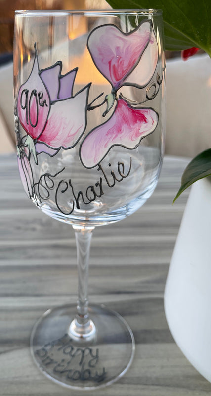 90th Birthday Gift Wine Glass: (Sweet Pea):