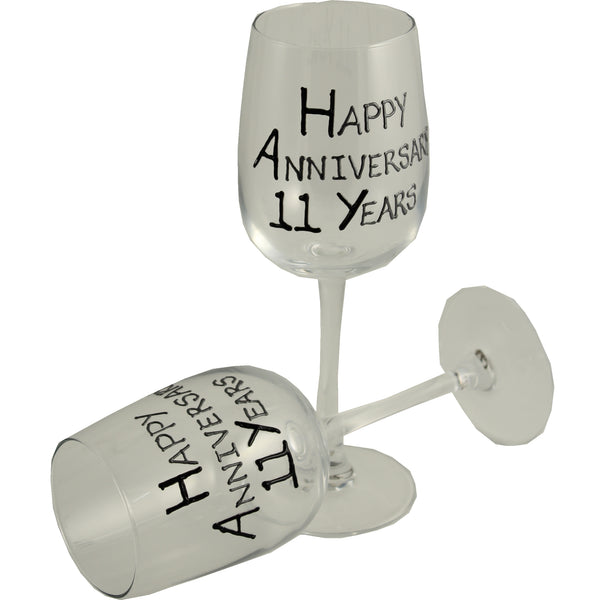 11th Wedding Anniversary Wine Glasses: (Blk/Sil)