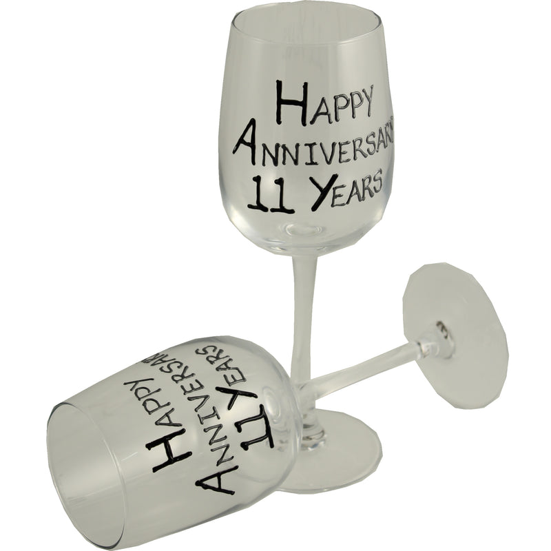 11th Wedding Anniversary Wine Glasses: (Blk/Sil)