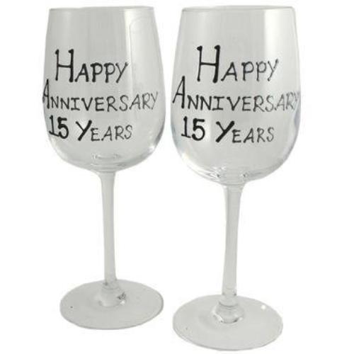 15th Wedding Anniversary Wine Glasses: (Blk/Sil)