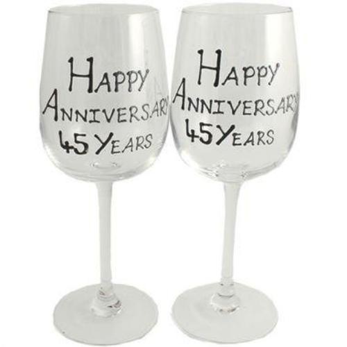 45th Wedding Anniversary Wine Glasses Blk/Sil