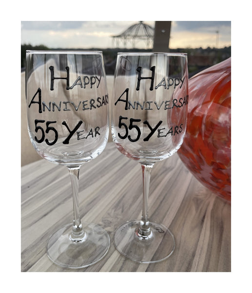 55th Wedding Anniversary Wine Glasses: (Blk/Sil)