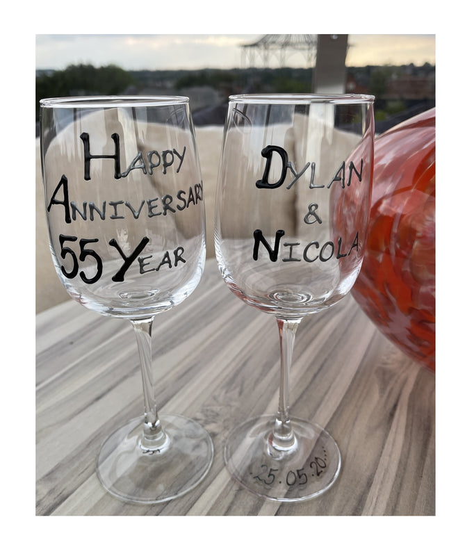 Personalised 55th Wedding Anniversary Wine: Glasses (Blk/Sil)