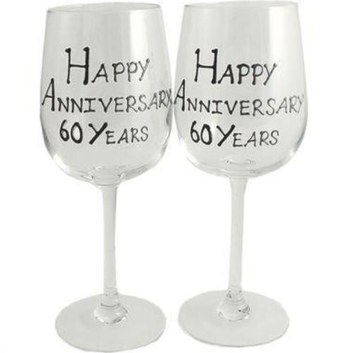 60th Wedding Anniversary Wine Glasses Blk/Sil
