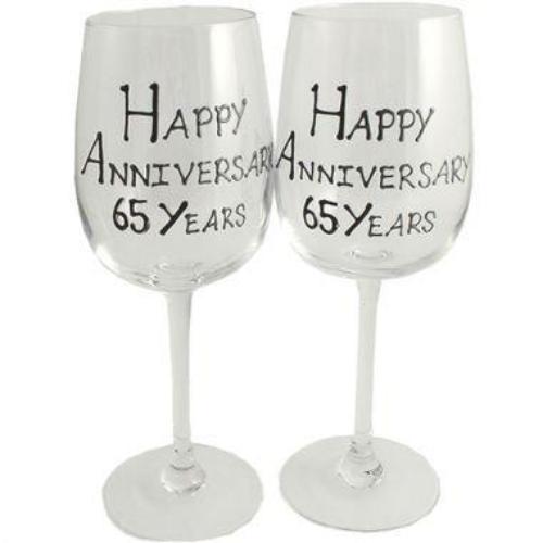 65th Wedding Anniversary Wine Glasses Blk/Sil