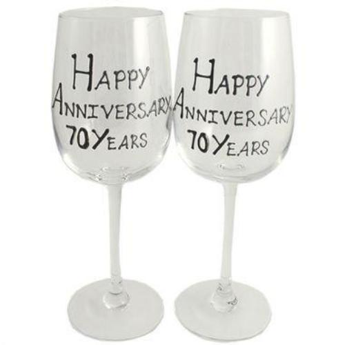 70th Wedding Anniversary Wine Glasses Blk/Sil