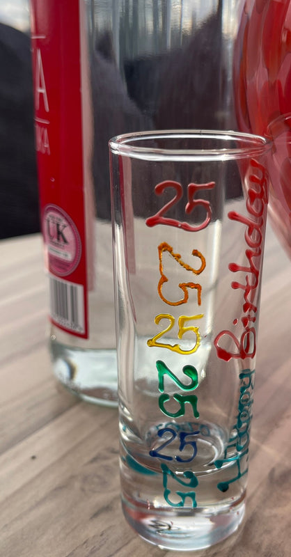 25th Birthday Gift Shot Glass:  (Brights)