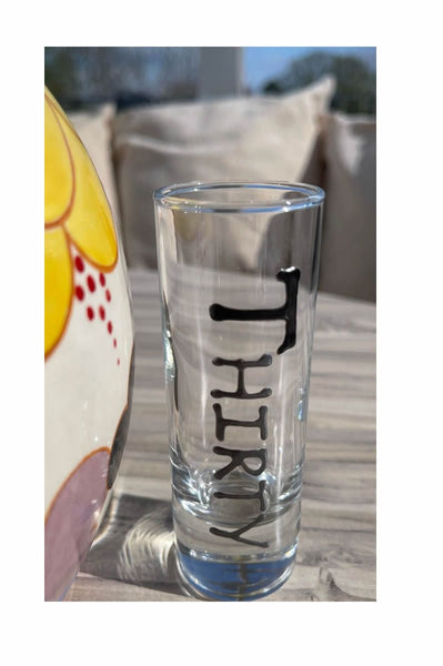 30th Birthday Tall Shot Glass: (Black/Silver)
