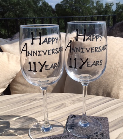 11th Wedding Anniversary Wine Glasses Blk/Sil