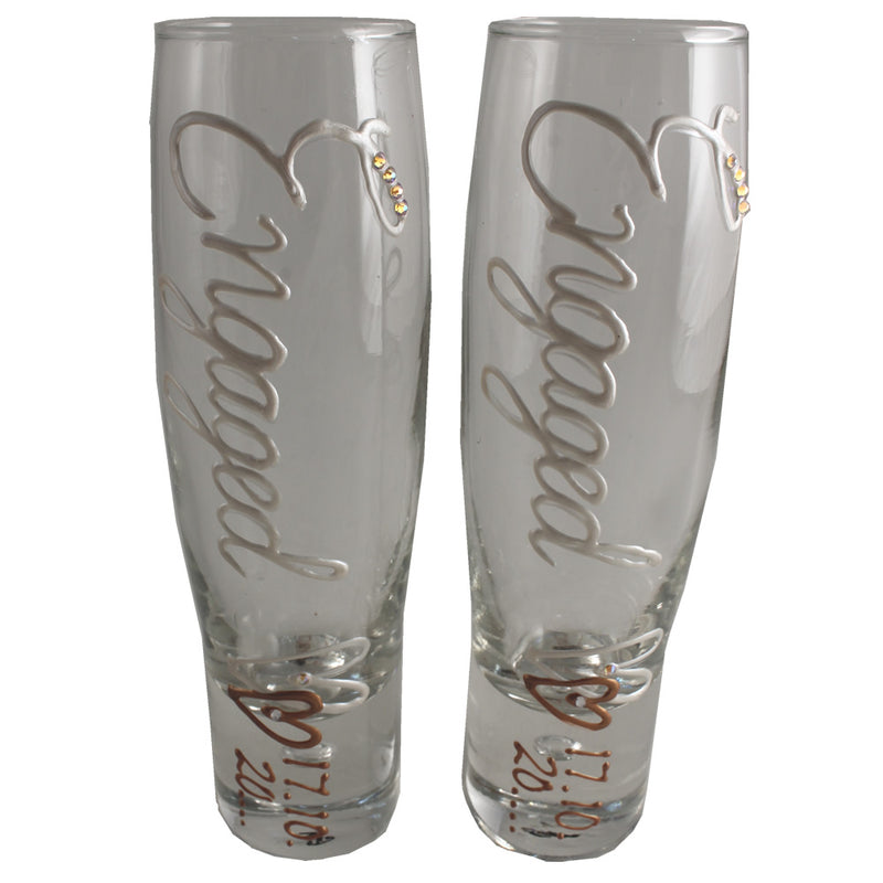 Personalised Engaged Pair of Champagne Flute Pearl with Crystals