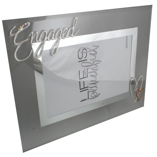 Engagement Gift Photo Frame Landscape: Pearl with Crystals