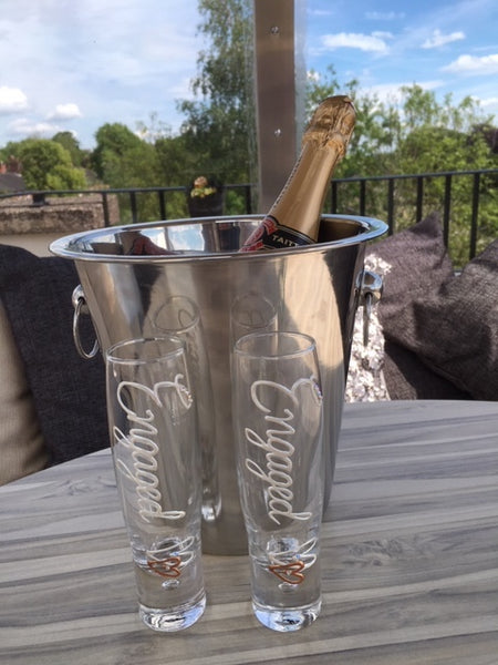 Personalised Engaged Pair of Champagne Flute Pearl with Crystals