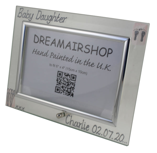Personalised Baby Daughter Photo Frame: Landscape (Pink Heart/Feet)