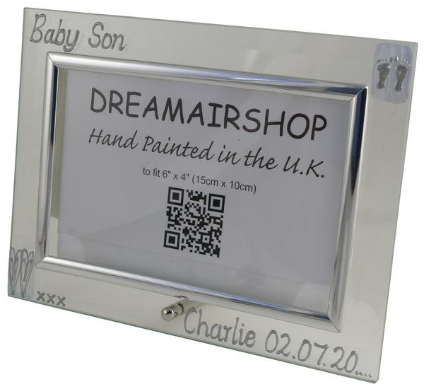 Personalised Baby Son Photo Frame: Landscape (Blue Heart/Feet)