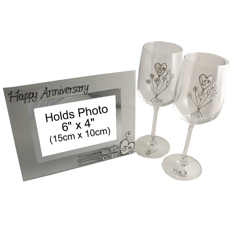 15th Wedding Anniversary Gift Set: Wine Glasses & Photo Frame (Flower)