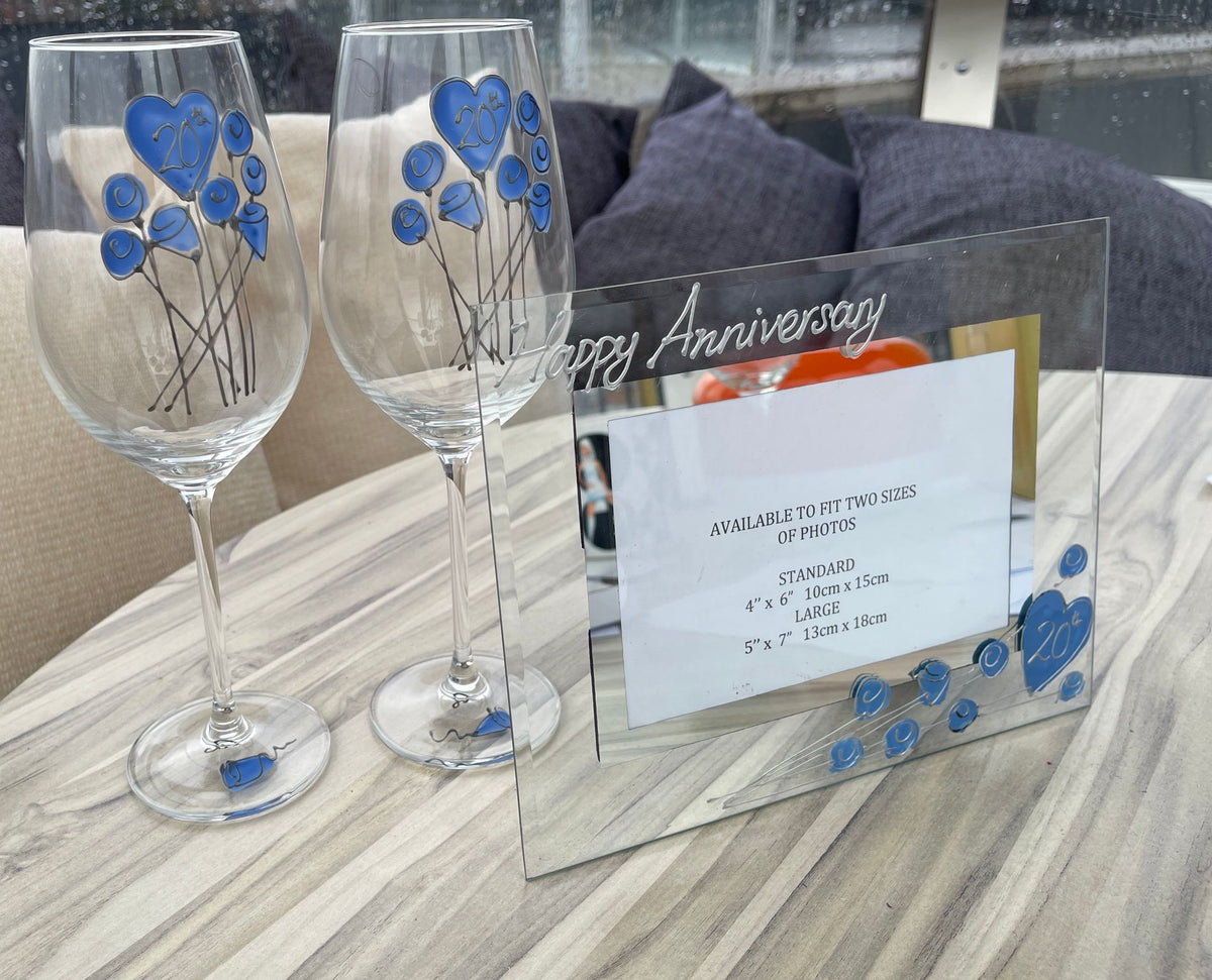 20th Anniversary Gift Set Drinking Wine Glasses & Picture Photo Frame Flower