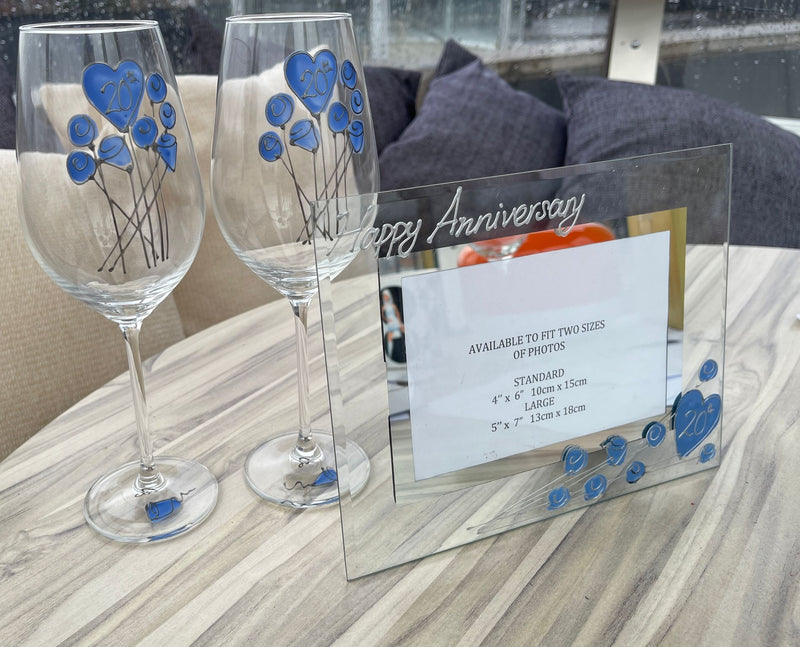 20th Wedding Anniversary Gift Set: Wine Glasses & Photo Frame (Flower)