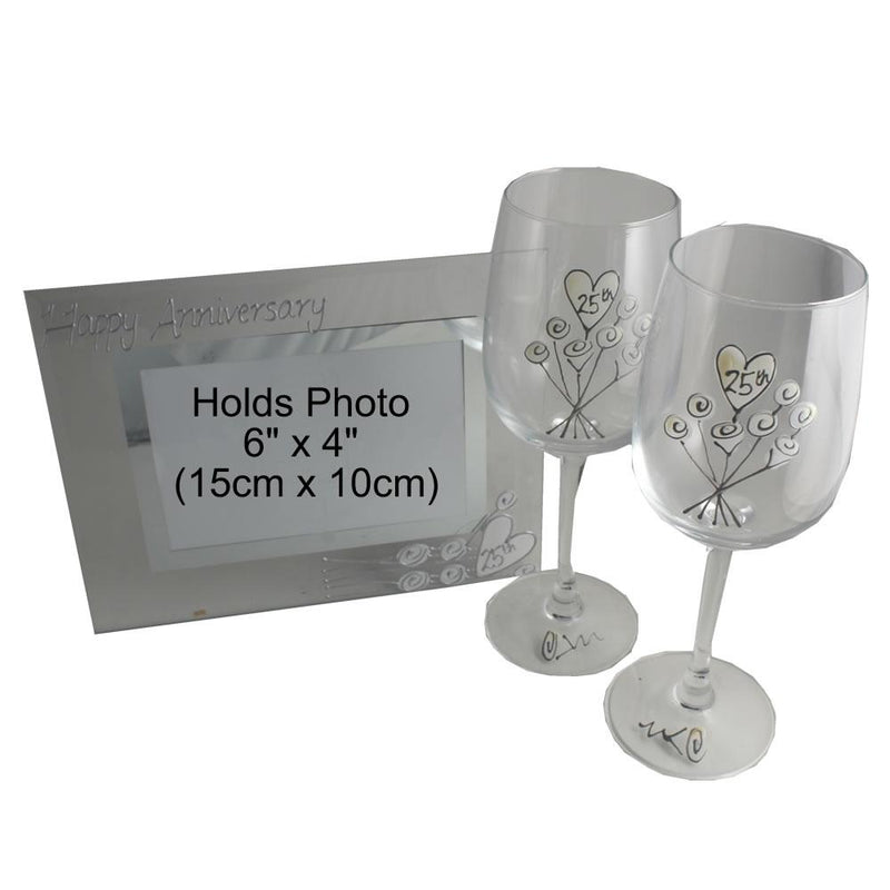 25th Wedding Anniversary Gift Set: Wine Glasses & Photo Frame (Flower)