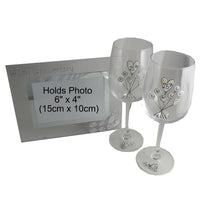 25th Wedding Anniversary Gift Set: Wine Glasses & Photo Frame (Flower)