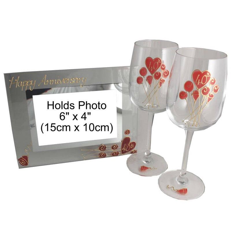 40th Wedding Anniversary Gift Set: Wine Glasses & Photo Frame (Flower)