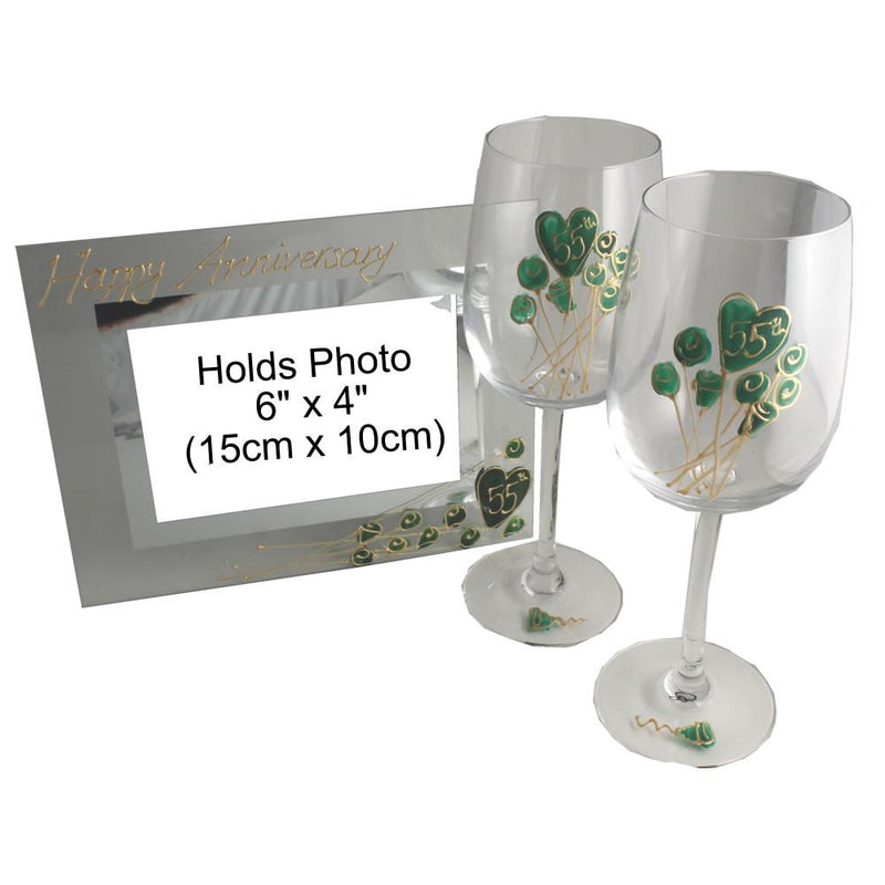 55th Wedding Anniversary Gift Set: Wine Glasses & Photo Frame (Flower)