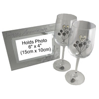 70th Wedding Anniversary Gift Set: Wine Glasses & Photo Frame (Flower)