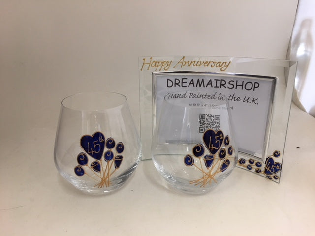 45th Wedding Anniversary Stemless Wine: Glasses and Frame Gift Set (Flower)