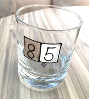 85th Birthday Gift Whisky Glass: (Grey Sq)